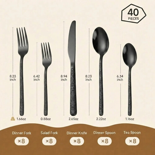 40-Piece Black Hammered Flatware Set, 410 Stainless Steel 1