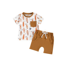 (12-18 Months, Khaki) Completo estivo neonato con maglietta corta e stampa surf, pantaloncini con elastico.