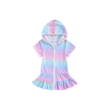 (2-3 Years, Multicolor) Costume estivo bambina con stampa arcobaleno, felpa zip cappuccio, protezione anti-UV per spiaggia.