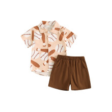 (4-5 Years, Coffee) Ensemble 2 pièces garçon : T-shirt baseball à manches courtes avec boutons et short élastique.