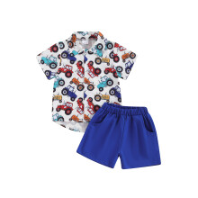 (18-24 Months, White) Ensemble d'été garçon, chemise à manches courtes imprimée camion et short élastique