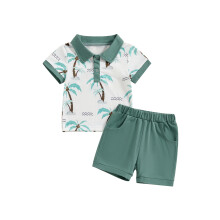 (18-24 Months, Turquoise) Ensemble bébé garçon : t-shirt court imprimé arbres et short élastique, tenue d'été