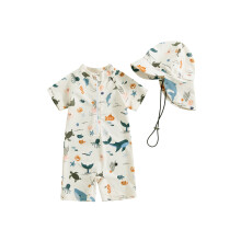 (0-3 Months, Beige) Traje de baño para niño pequeño con protección solar, manga corta, cuello redondo, estampado animal, cremallera y gorro.