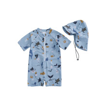 (6-12M, Blue) Traje de baño para niño pequeño con protección solar, manga corta, cuello redondo, estampado animal, cremallera y gorro.