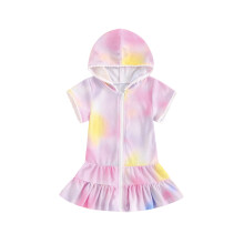 (5-6 Years, Pink) Mädchen-Bademantel, Kinder-Bademantel mit Reißverschluss, Strandkleid mit Batikmuster