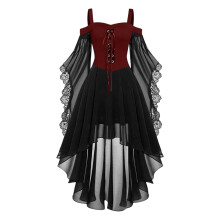 Gotische kanten jurk voor dames met blote schouders en mesh patchwork