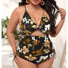 Einteiliger Badeanzug für Damen, hochgeschnitten, Übergröße, Blumenmuster, Cut-out, Kordelzug, Monokini