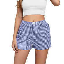 Shorts femininos de linho, cintura alta, casuais, confortáveis, de pernas largas, com estampa xadrez retrô.