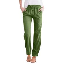Calça feminina QLEICOM de verão, em algodão e linho, com corte reto, cintura elástica, verde, tamanho XXL.