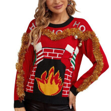 Suéter feminino divertido de Natal, vermelho, tricotado com detalhes dourados.