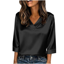 Women's Top, Casual Loose Spring Summer Satin Pullover with Three-Quarter Sleeves and V-Neck, Solid Color Comfortable Blouse for Women.