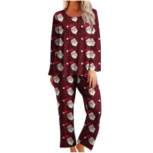 Feestelijke pyjama met lange mouwen en print voor dames, kerstprint, ronde hals, zachte pyjama, nachtkleding, loungewear, huiskleding, maten S-2XL