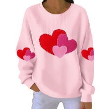 Sweat-shirt femme Saint-Valentin imprimé cœur, col rond côtelé, manches longues