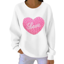 Dame Valentinsdags-hjertesweatshirt med ribkant og rund hals, lang
