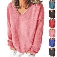 Dame Ensfarvet V-hals Langærmet Fleece Sweatshirt Pink XL