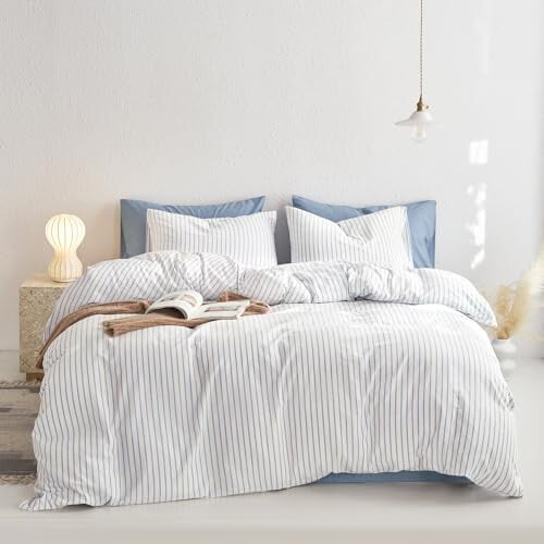 Gestreept dekbedovertrekset van gewassen katoen, queensize 1