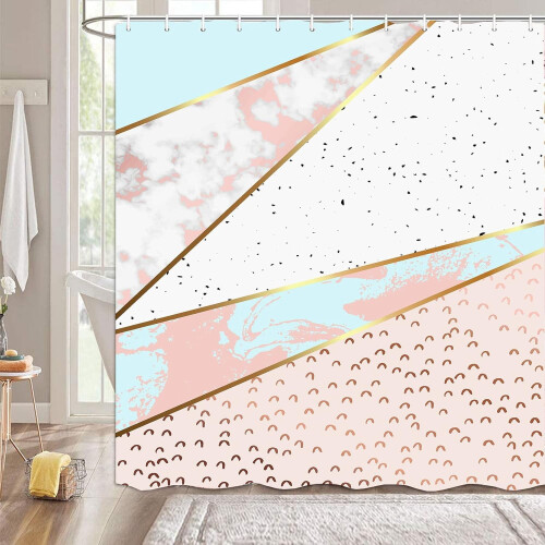 Marmor duschdraperi set rosa vit abstrakt geometri