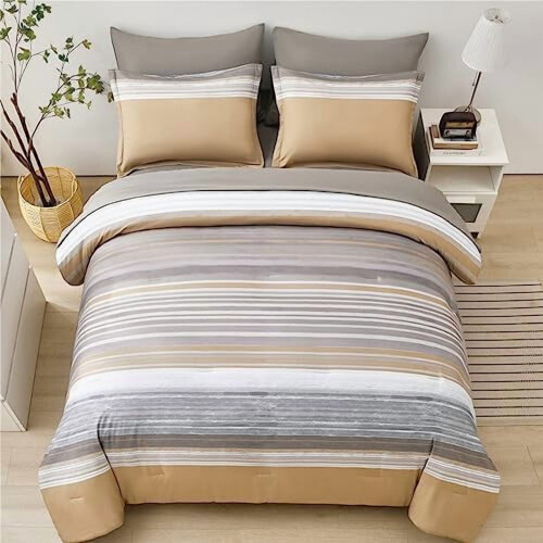 Gestreept microvezel dekbedovertrekset, queensize, 7-delig 2