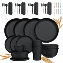 48-Pc Wheat Straw Dinnerware Set for 4, Unbreakable & Reusable, Dishwasher/Microwave Safe, Travel/Camping, Black — Compatible with Standard Racks