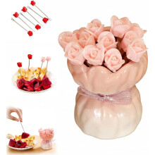 Fourchettes à fruits en forme de rose (12 pièces) avec vase de rangement en céramique – fourchettes à apéritif en métal, ensemble de