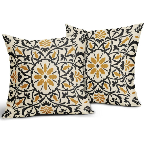 Μαξιλαροθήκες Boho σε μαύρο και μουσταρδί χρώμα, 16x16", Vintage εκτύπωση λουλουδιών, 1