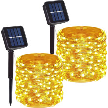 Kit com 2 Cordões de Luzes Solares de 30 Metros (99 pés), 300 LEDs, Fio de Cobre, 8 Modos, À Prova D'Água, Branco Quente, para