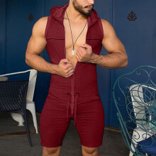 Men's Novelty Jumpsuit Drawstring Boho Pants Hooded Sexy Elastic Hooded Sports Sexy Jumpsuit Wine XL