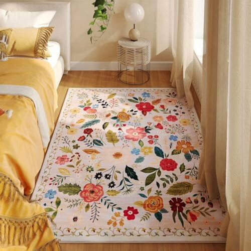3x5 ft Washable Boho Floral Area Rug Beige 1