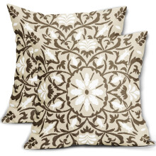 Housses de coussin bohèmes marron et blanc 40 x 40 cm, imprimé floral vintage, housses de coussin carrées en lin, décoration style ferme, lot de 2