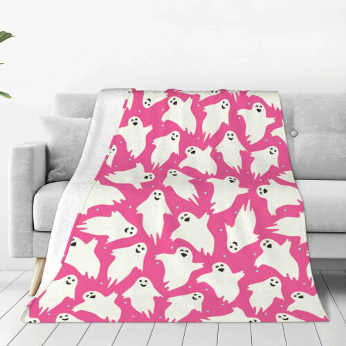 Halloween Ghost Print Pink Flannel Throw Blanket 2