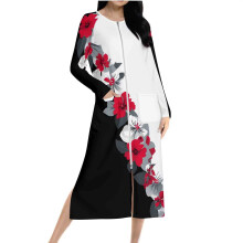 Damen-Pyjamakleid mit Blumenmuster, langärmelig, locker geschnitten mit Reißverschluss vorne, doppelseitiges Fleece, Größen S-2XL