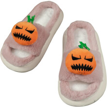 Halloweenske tekvicové papuče pre ženy – roztomilé kreslené plyšové chlpaté vnútorné šľapky, protišmyková uzavretá špička, teplý