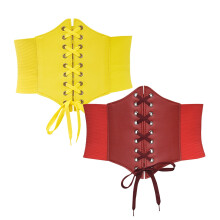 2PC Waist Trainer for Women Solid Color Wide Style Adjustable Strap Retro Court Style Corset Yellow + Wine Free Size