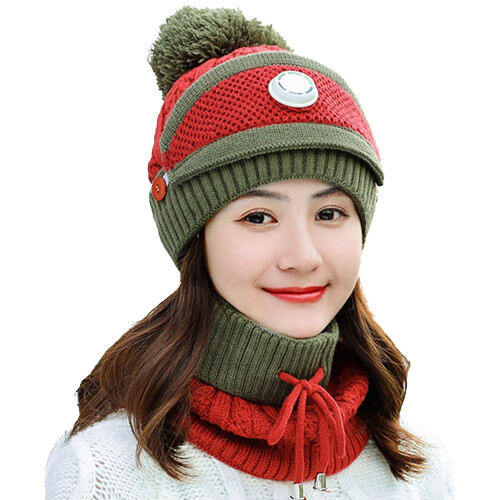 Conjunto de gorro e cachecol de inverno feminino Windfall, em tricô, macio e quente, com forro de lã e pompom. 1