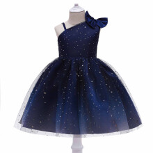 Prinsessenjurken voor meisjes, feestjurken, galajurken, avondjurken met pailletten en strik, mouwloze jurken met één schouder, marineblauw