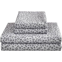 Bettwäsche-Set mit Leopardenmuster aus Mikrofaser (140 x 200 cm), inklusive rutschfestem Spannbettlaken mit extra tiefen Taschen, silbergrau