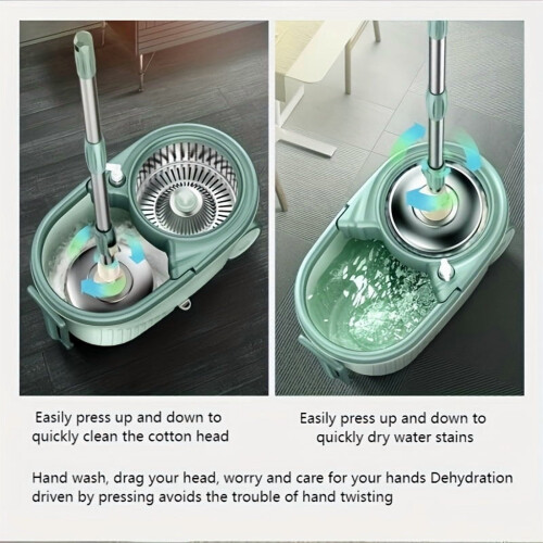 Sistema de esfregão e balde com rotação de 360, 4 cabeças de microfibra e cabo ajustável em aço inoxidável – compatível com baldes 2