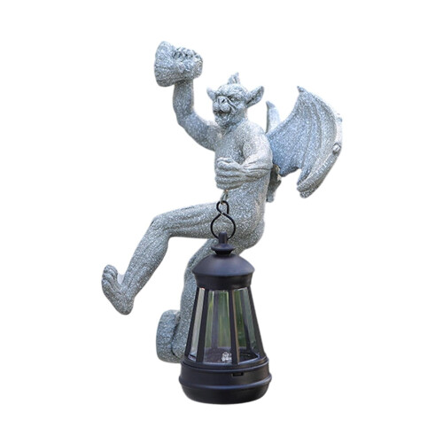 Havevinget gargoylestatue med solcellelys gotisk til verandagang, træ grå 1