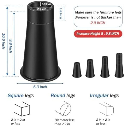 Elevadores de cama reforçados de 10 polegadas (pacote com 4, pretos) – 8 ou 9,8 polegadas de altura, compatíveis com camas, escrivaninhas, mesas, 1