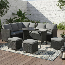 (Black) BIRCHTREE Rattan Garden Furniture Set Sofa Footstool Glass Table 9 Seat Patio 04