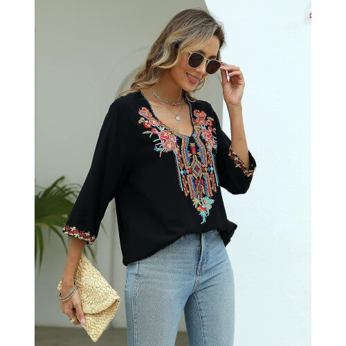 Γυναικεία μπλούζα με κέντημα σε boho στυλ, μεξικάνικα χωριάτικα πουκάμισα με 2