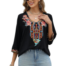 Boho-bestickte Damen-Tops, 3/4-Ärmel, mexikanische Bauernblusen, lockere Tunikablusen im Bohème-Stil