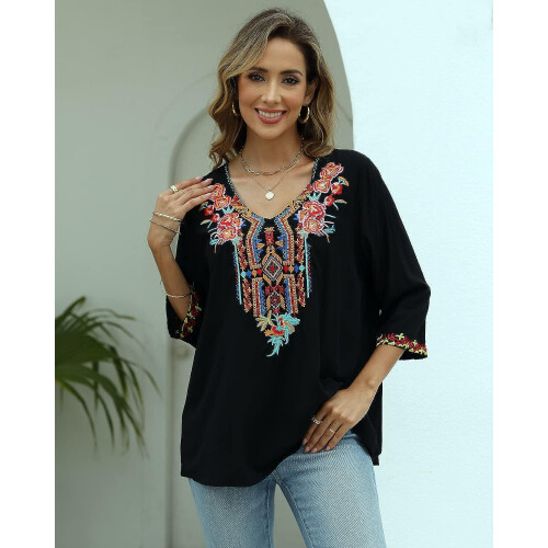 Γυναικεία μπλούζα με κέντημα σε boho στυλ, μεξικάνικα χωριάτικα πουκάμισα με 1