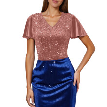 Top de lentejuelas de manga corta para mujer, estilo carnaval. Blusa de vacaciones, cuello redondo holgado, informal y elegante. Top brillante para