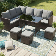 (Brown) BIRCHTREE Rattan Garden Furniture Set Sofa Footstool Glass Table 9 Seat Patio 04