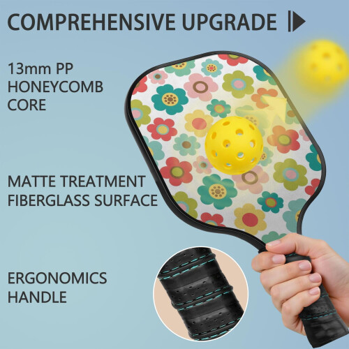 Σετ κουπιών Pickleball από fiberglass με λουλούδια και 2 μπάλες και τσάντα – Συμβατό με 1