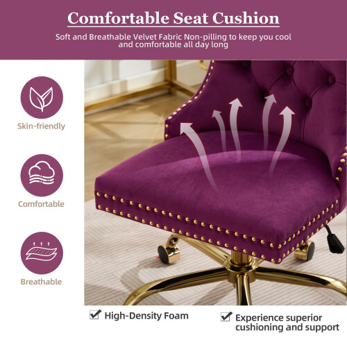 Silla de tocador de terciopelo morado con base de metal dorado. 1