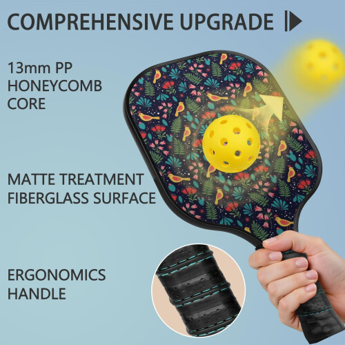 Σετ κουπιών Pickleball από fiberglass με λουλούδια και 2 μπάλες και τσάντα – Συμβατό με 1