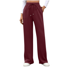 Calça feminina casual de cintura alta com cordão e pernas largas - Cós elástico macio de algodão, bolsos laterais, ideal para atividades