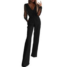 Macacão feminino sexy Lulshou com decote em V, lantejoulas e detalhes em tule, ideal para festas e com bolsos. Tamanho compatível com XXL.